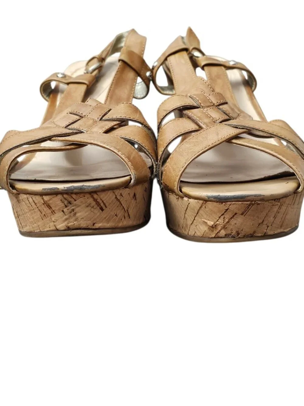 Guess Strappy Kayce Cork Wedge Platform Heel Slingback Sandals Tan Size 11
